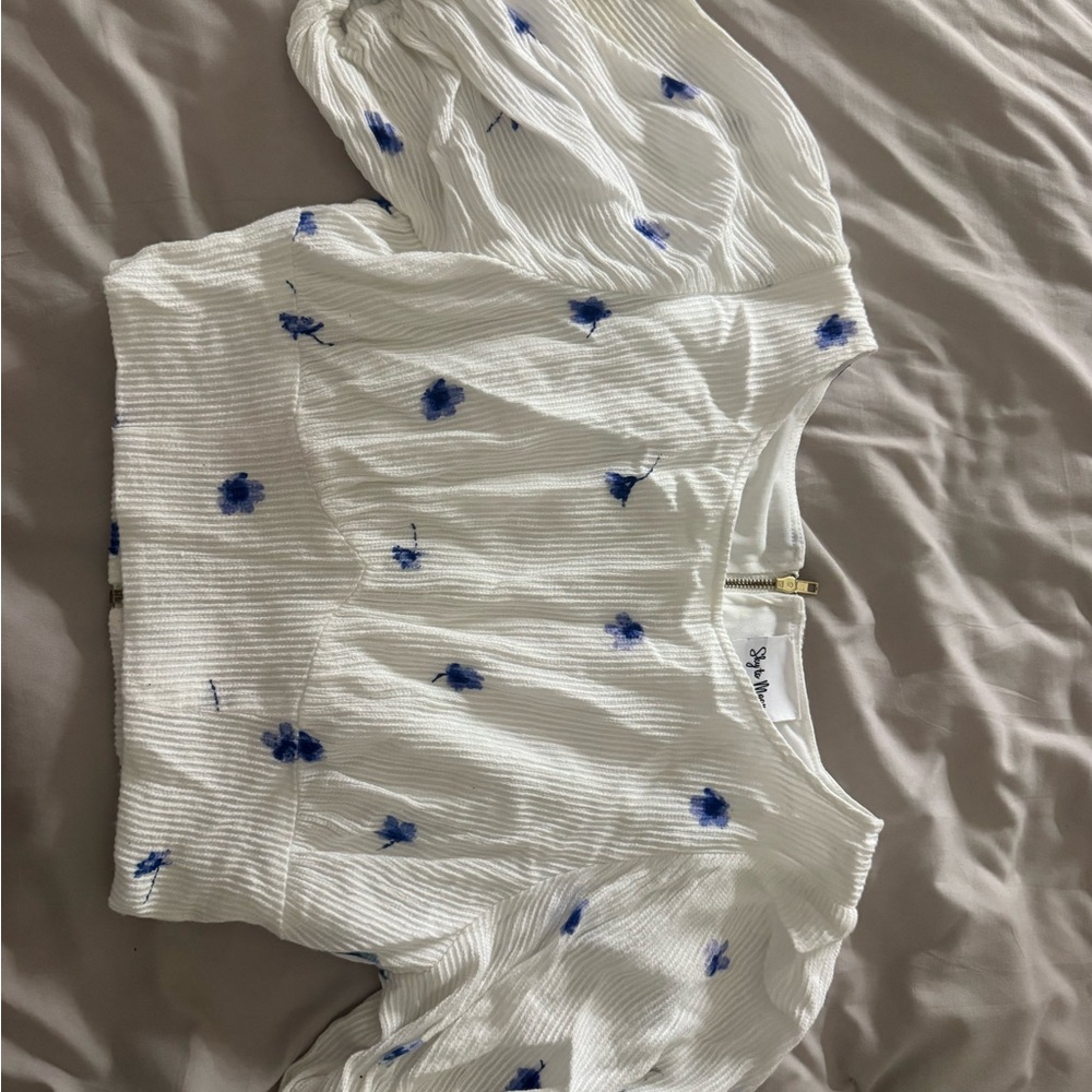 White Top with Blue Floral Dots